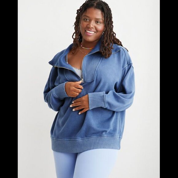 Aerie Down to Earth Ribbed Quarter Zip Sweatshirt in Blue - Picture 1 of 3